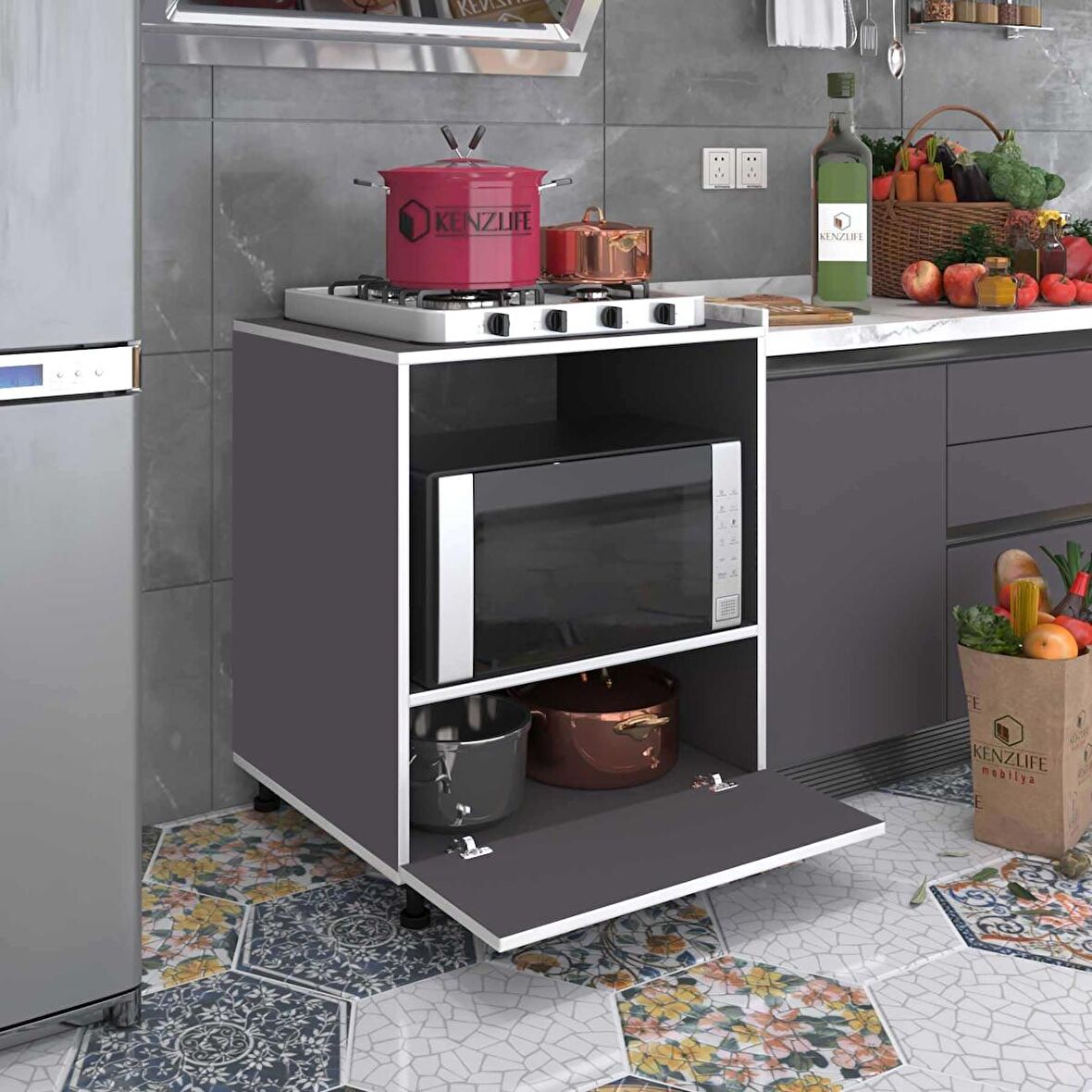 Kenzlife ocak dolabı bennu gri 85*70*60 XLARGE kapaklı hazır mutfak klasik setüstü ocak için sabit tabla