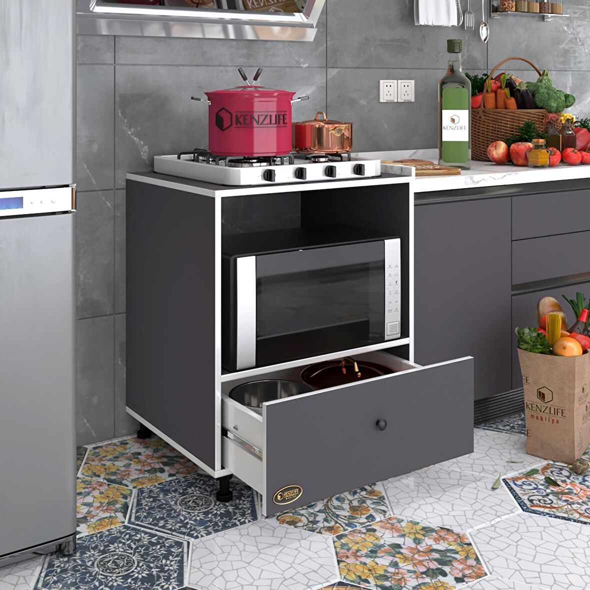 Kenzlife ocak dolabı nevresel gri 85*70*60 XLARGE çekmeceli hazır mutfak klasik setüstü ocak için sabit tabla