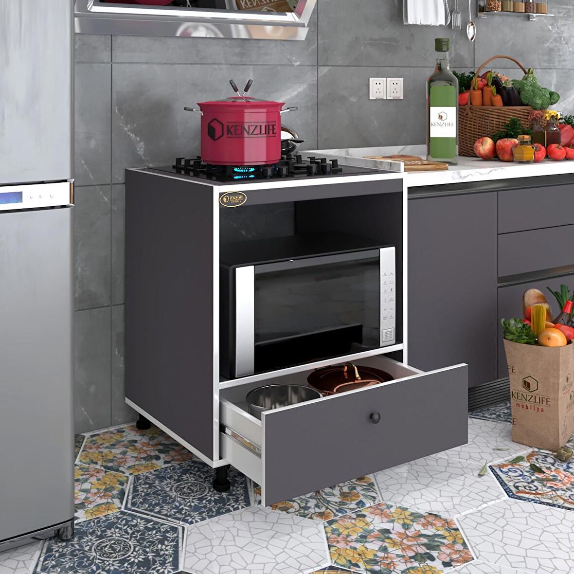 Kenzlife ocak dolabı piraye gri 85*70*60 XLARGE çekmeceli hazır mutfak ankastre gömme ocak için