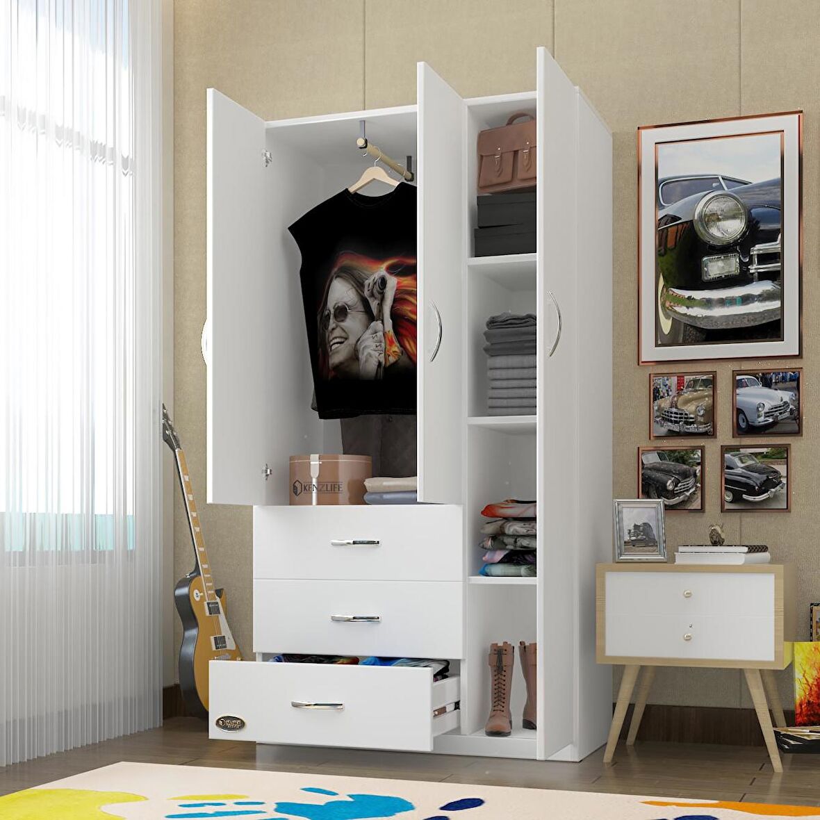 Kenzlife gardırop 3 kapılı 3 çekmeceli civanperçemi 180*120*52 byz XLARGE kapaklı gardolap dolap