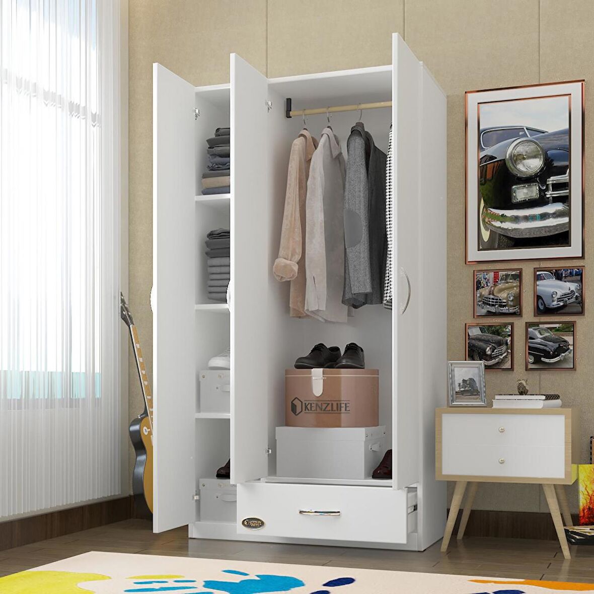 Kenzlife gardırop 3 kapılı 1 çekmeceli hanımeli 180*120*52 byz XLARGE kapaklı gardolap dolap