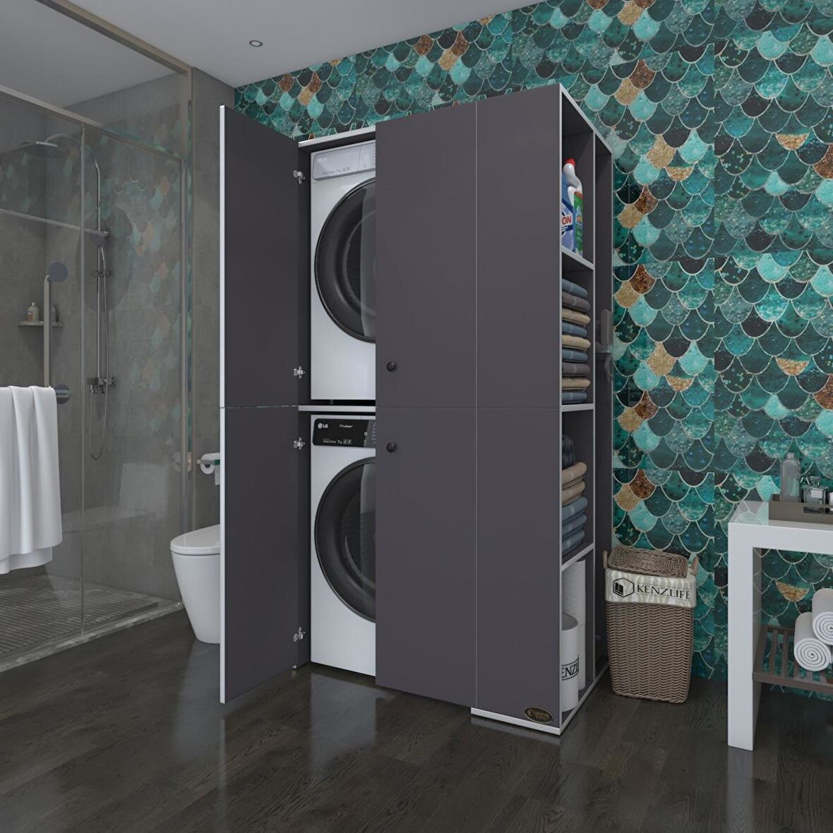 Kenzlife çamaşır-kurutma makinesi dolabı kapaklı foka gri 180*090*60 banyo arkalıksız