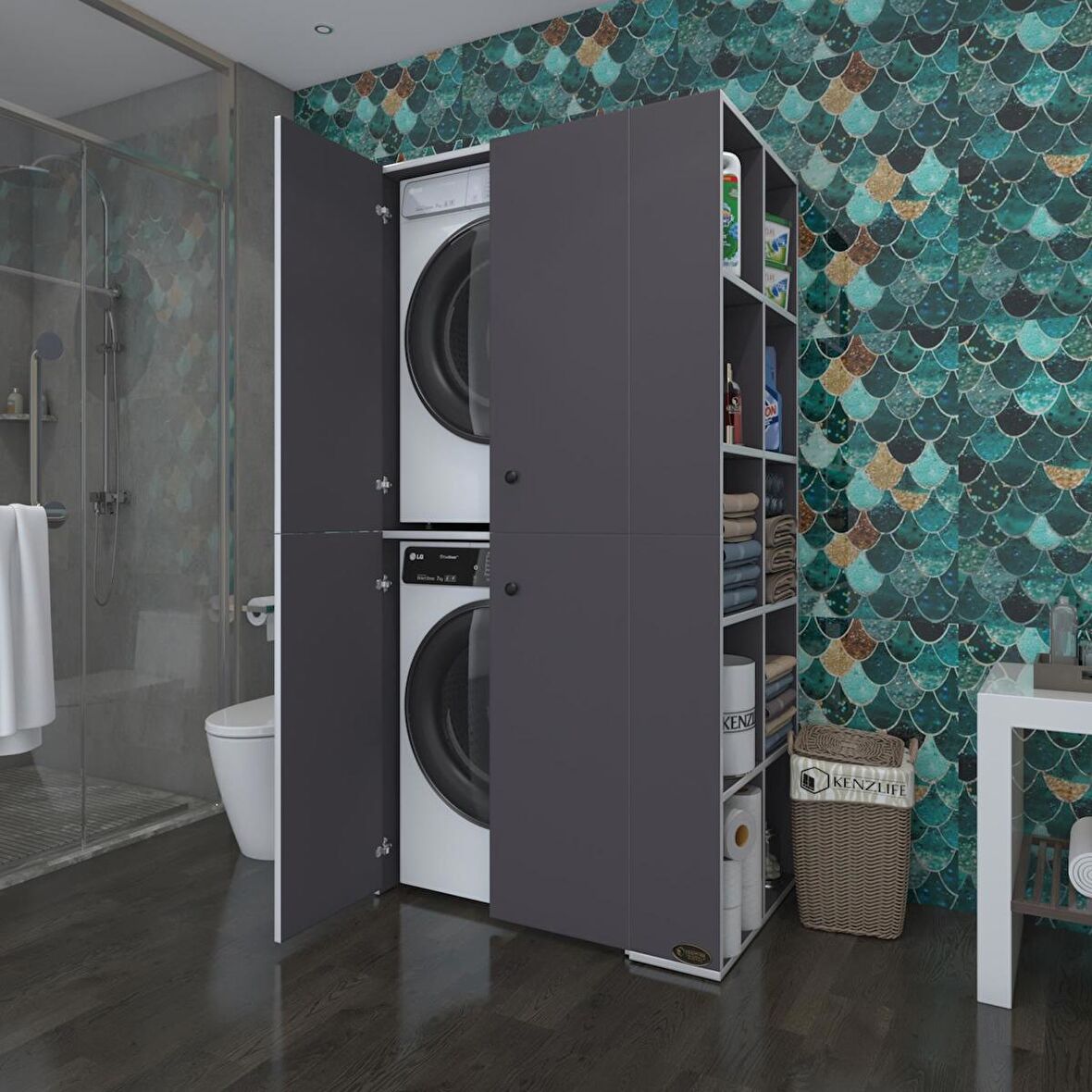 Kenzlife çamaşır-kurutma makinesi dolabı kapaklı fedyenka gri 180*090*60 banyo arkalıksız