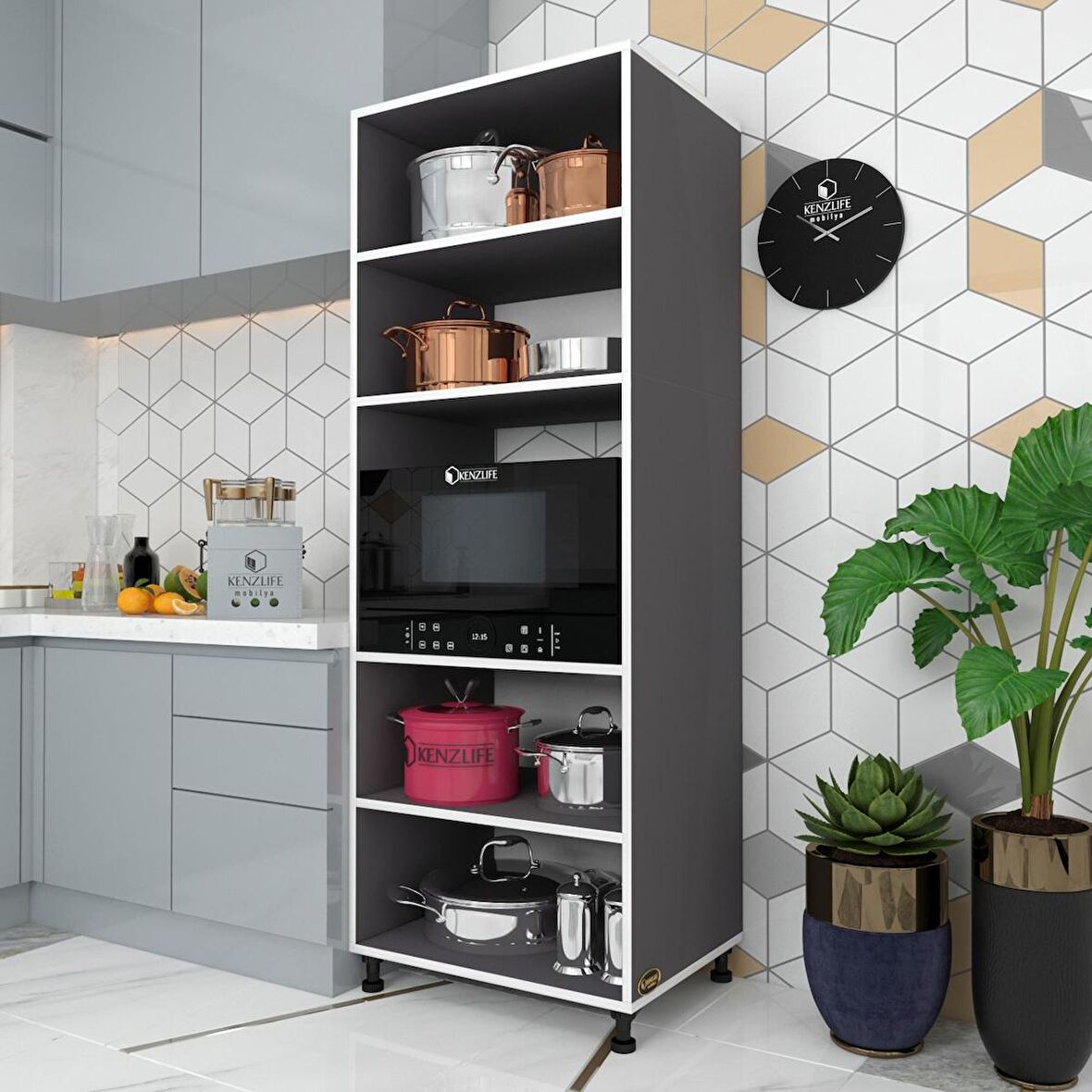 Kenzlife fırın dolabı müzeyyen gri 180*65*50 mutfak XLARGE ayaklı banyo kiler ofis