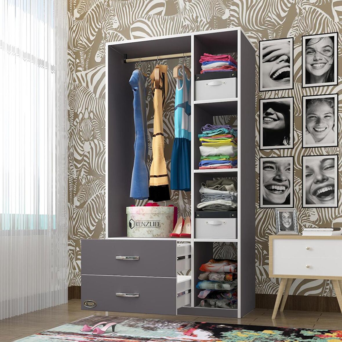 Kenzlife giysi dolabı hülagü 175*90*40 gri gardırop 2 çekmeceli