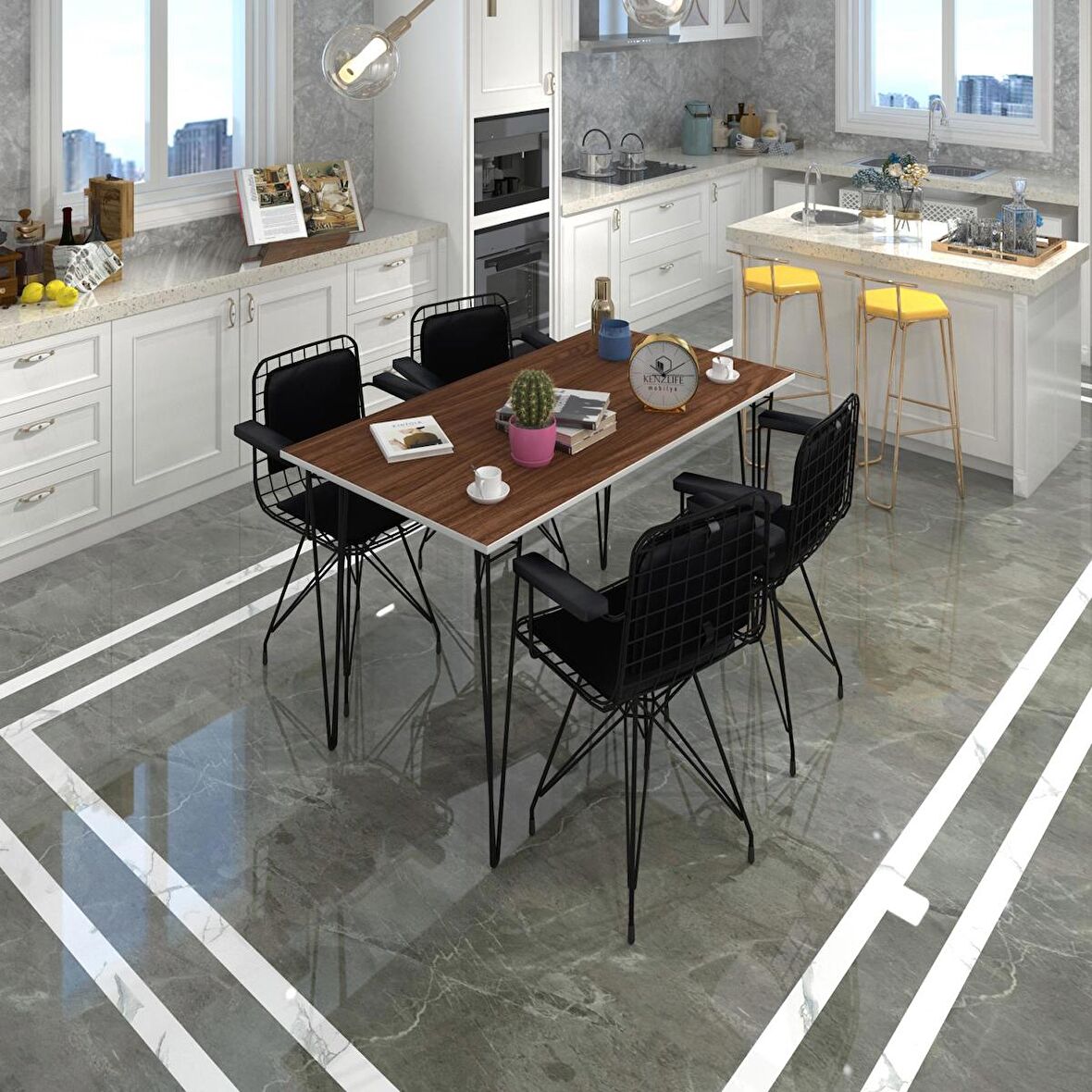 Knsz masa sandalye takımı hem75mazlum cvzsyh 130*070 klçsm 4 sandalye syhsyh kolçaklı sırt minderli