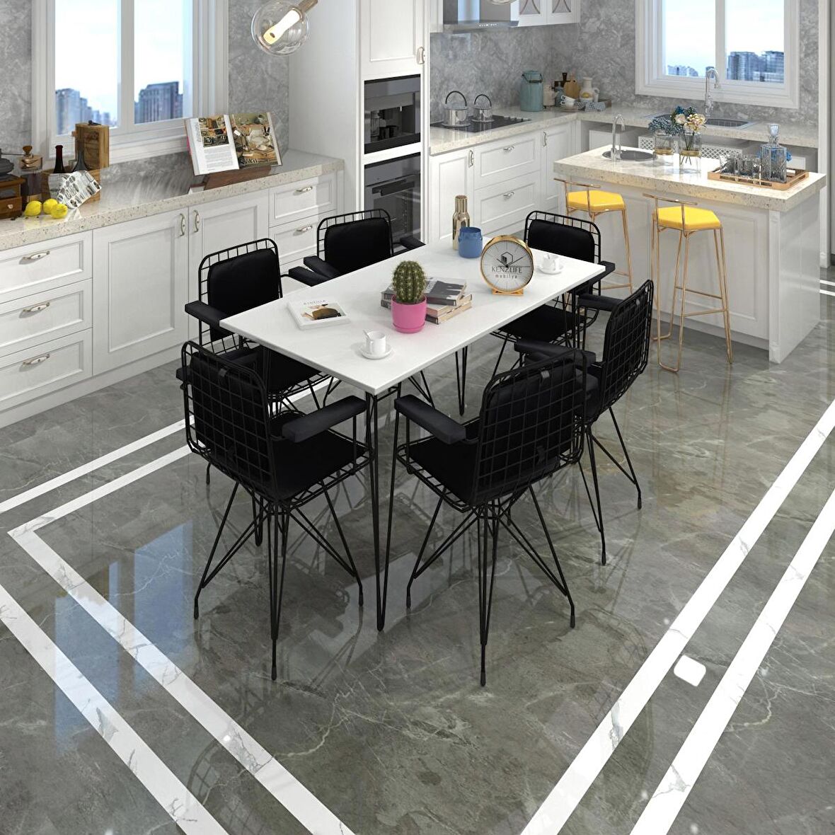 Knsz masa sandalye takımı hem75mazlum byzsyh 130*070 klçsm 6 sandalye syhsyh kolçaklı sırt minderli