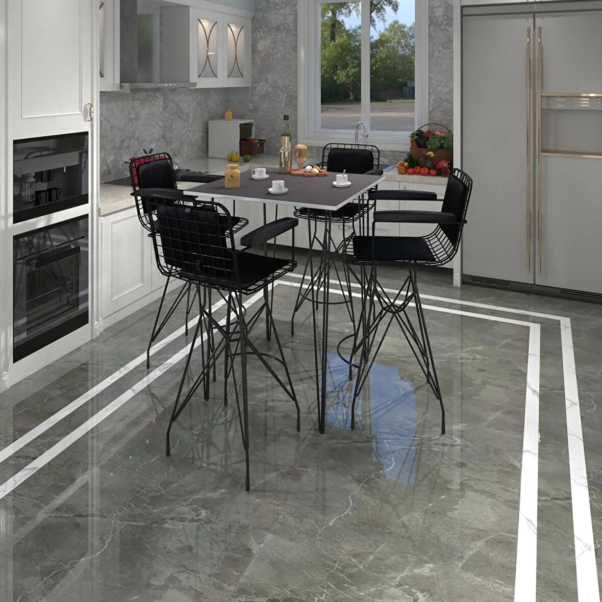 Knsz masa sandalye takımı hem105zengin grisyh 080*080 4 sandalye syhsyh kolçaklı sırt minderli