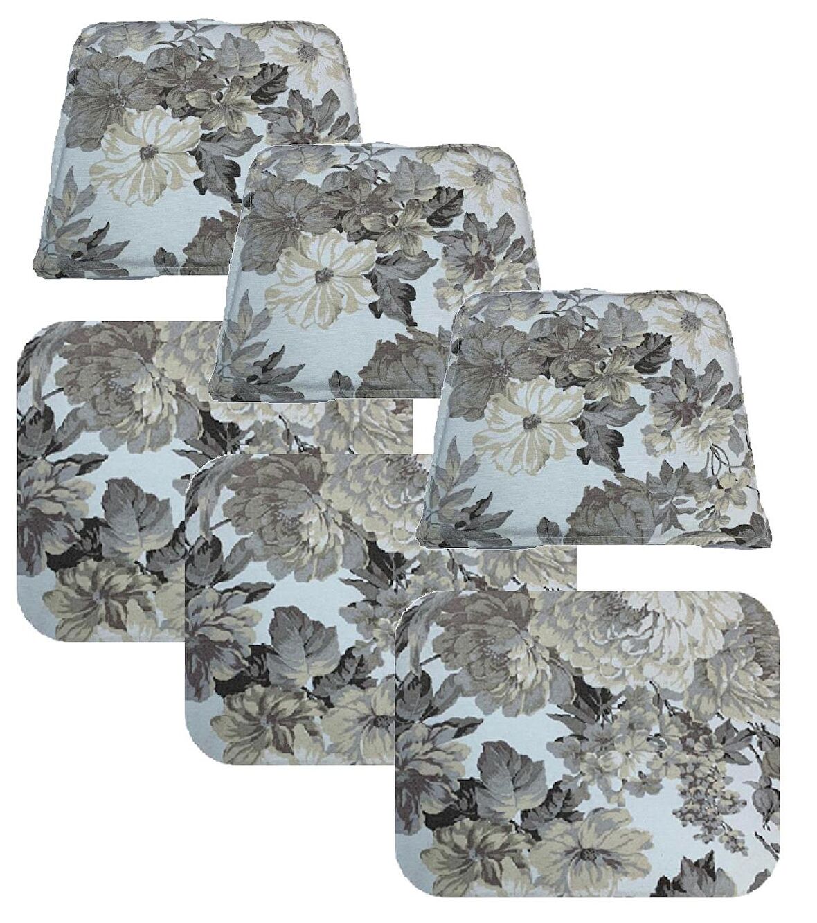 Knsz minder seti 3 lü zng&mğr&uslu çiçek gri kumaş tel bar sandalyesi oturma ve sırt minderi set