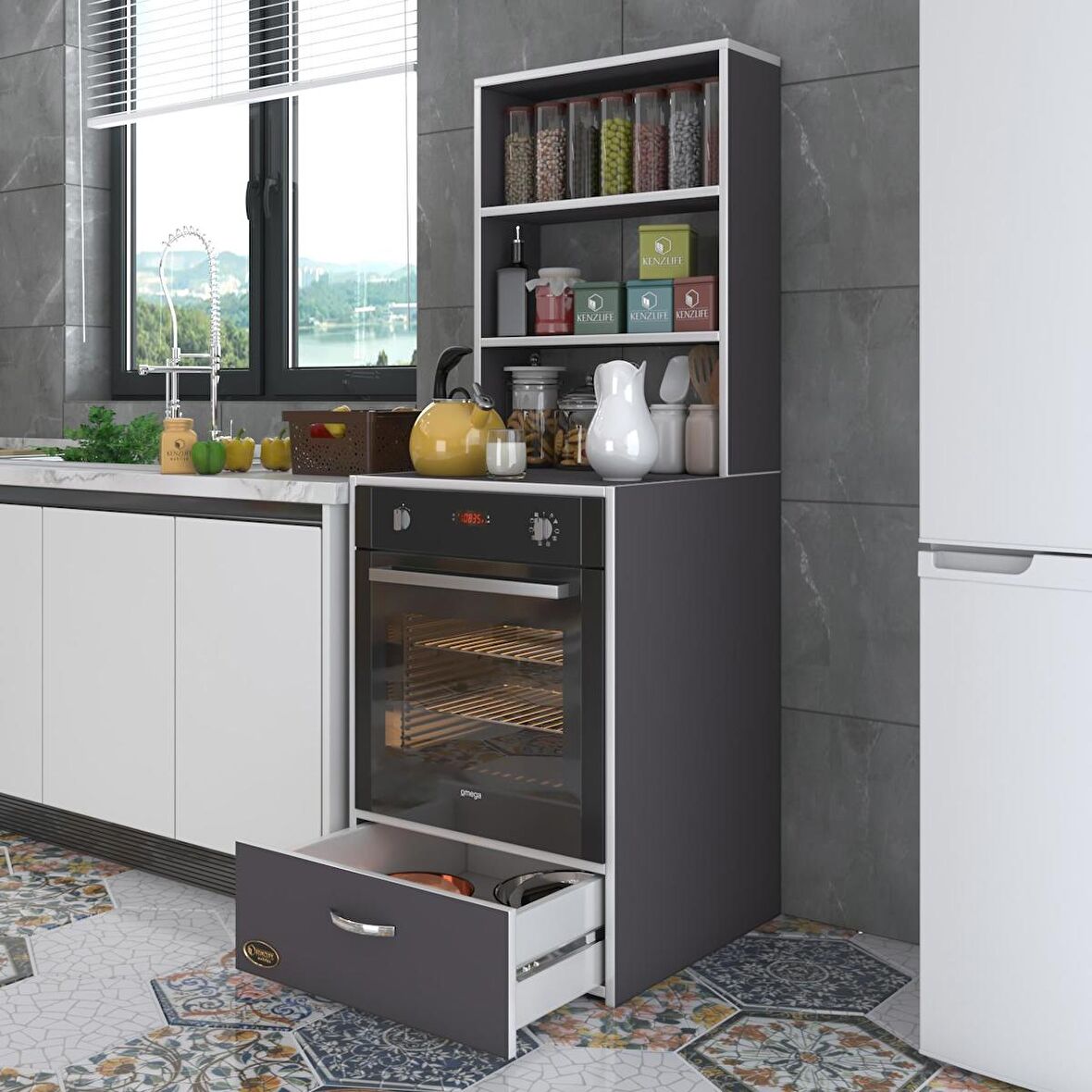 Kenzlife ankastre fırın dolabı aybirgen gri 165*60*56 mutfak çekmeceli