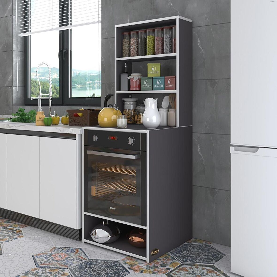 Kenzlife ankastre fırın dolabı canfeza gri 165*60*56 mutfak raflı