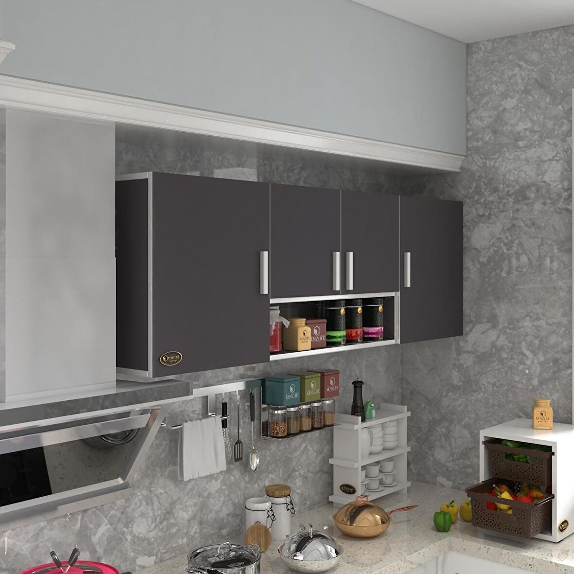 Kenzlife hazır mutfak packey gri 060*180*22 mutfak banyo dolabı kapaklı raflı
