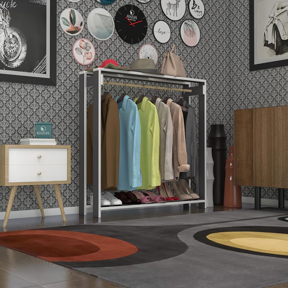 Kenzlife giysi dolabı maksut 135*100*40 gri askılık ayakkabılık
