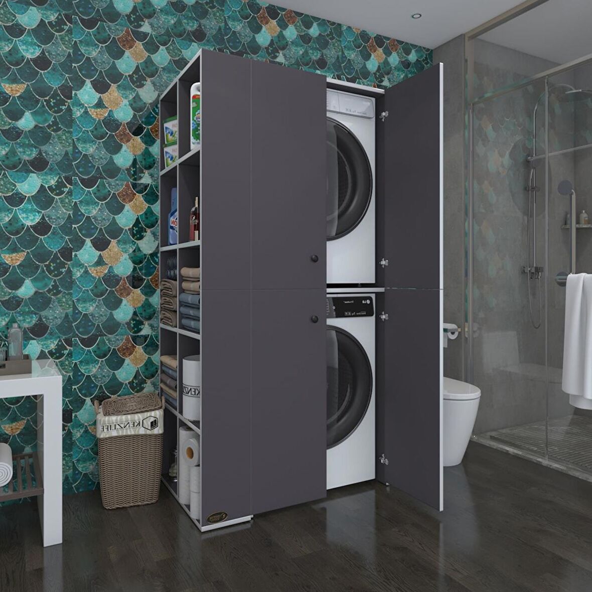 Kenzlife çamaşır-kurutma makinesi dolabı kapaklı fedyenka sol gri 180*090*60 banyo arkalıksız