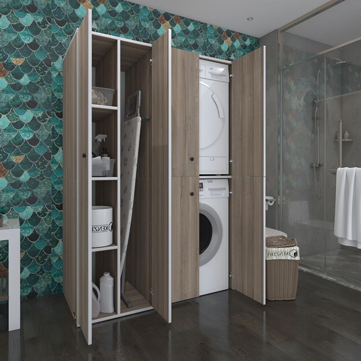 Kenzlife çamaşır-kurutma makinesi dolabı kapaklı yaromira sol crd 180*120*60 banyo arkalıksız