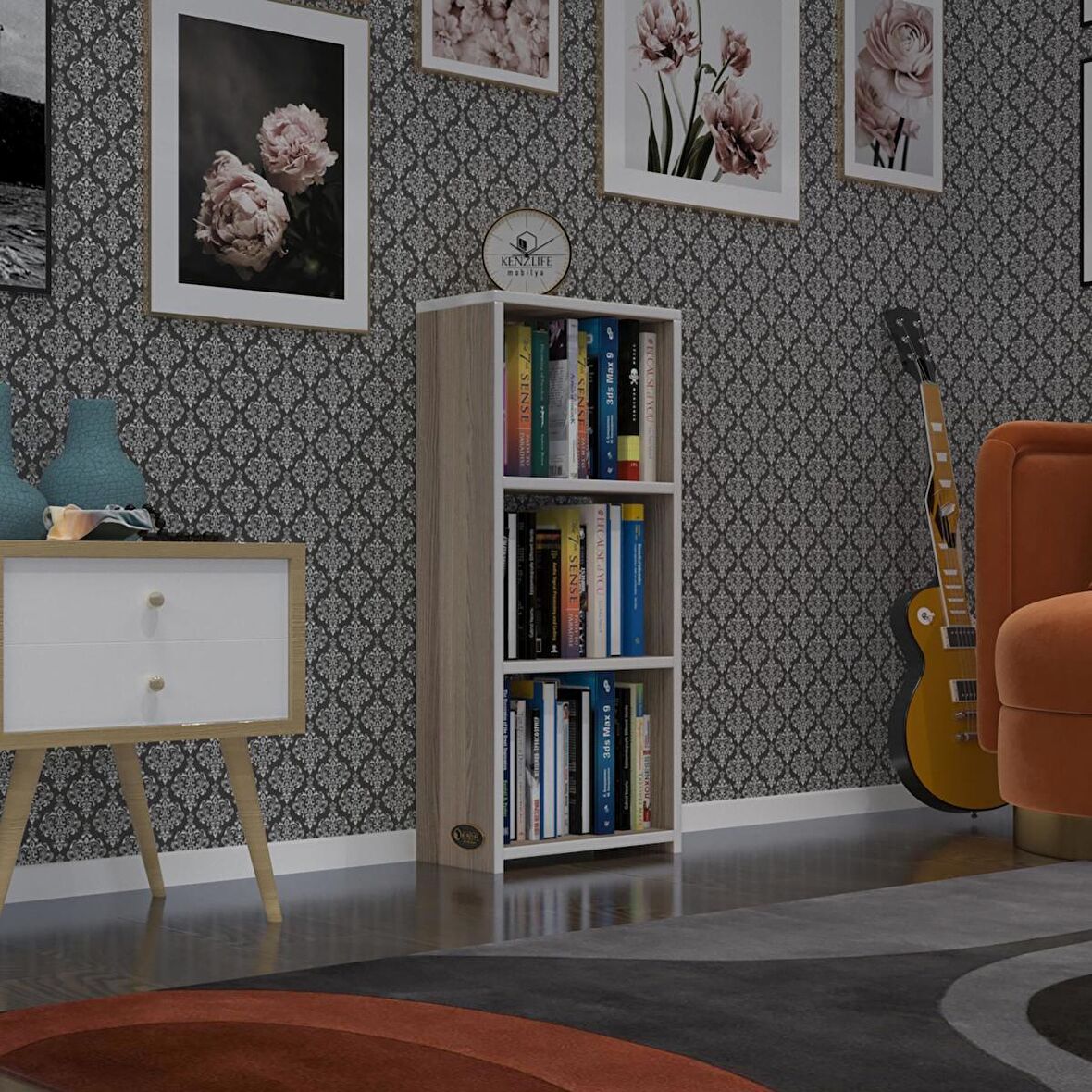 Kenzlife kitaplık süper ga 090*40*19 crd 3 katlı tek bölme ofis mutfak banyo dolabı arkalıksız
