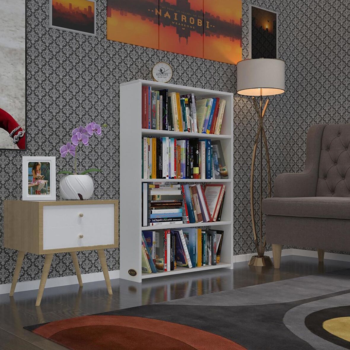 Kenzlife kitaplık süper ga 120*80*19 byz 4 katlı tek bölme ofis mutfak banyo dolabı arkalıksız