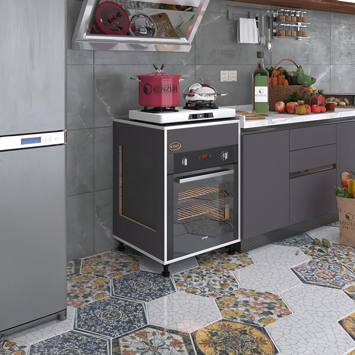 Kenzlife ankastre modülü kabini tilkowski3 gri 85*60*56 fırın ocak dolabı ayarlı ayaklı üstü kapalı 