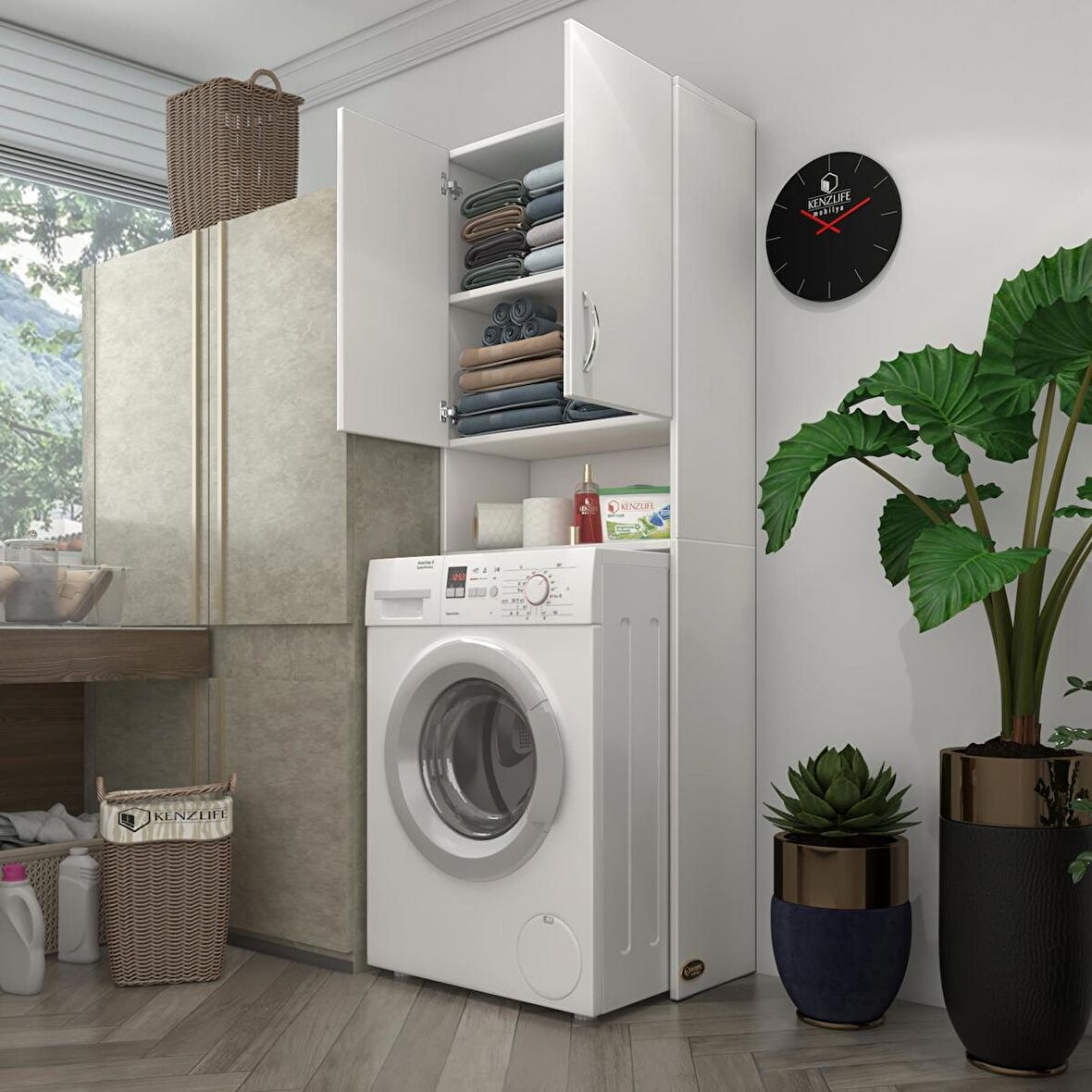 Kenzlife çamaşır makinesi dolabı sinemmdf byz 180*066*30 % 100 mdf full mdf banyo kiler kapaklı arkalıklı