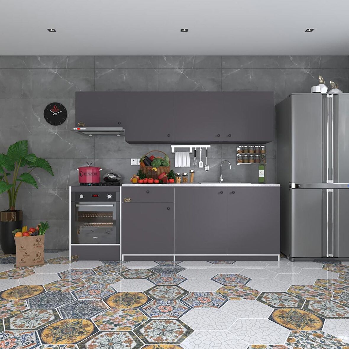 Kenzlife hazır mutfak seti nayakan gri 240 cm genişlik üst tezgahsız ankastre fırın modüllü