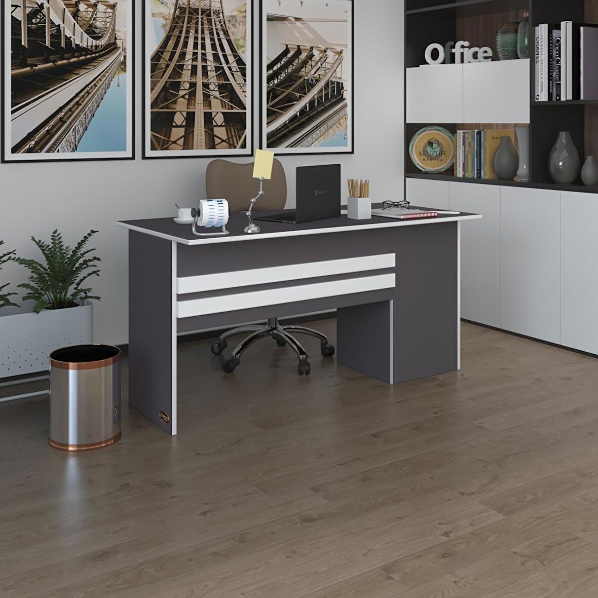 Kenzlife ofis masası kamikaze gri sol 75*110*60 raflı dolap şeritli bilgisayar çalışma masası