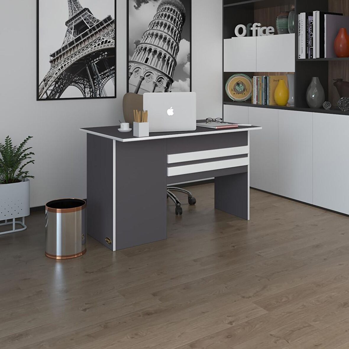 Kenzlife ofis masası kamikaze gri sağ 75*110*80 raflı dolap şeritli bilgisayar çalışma masası