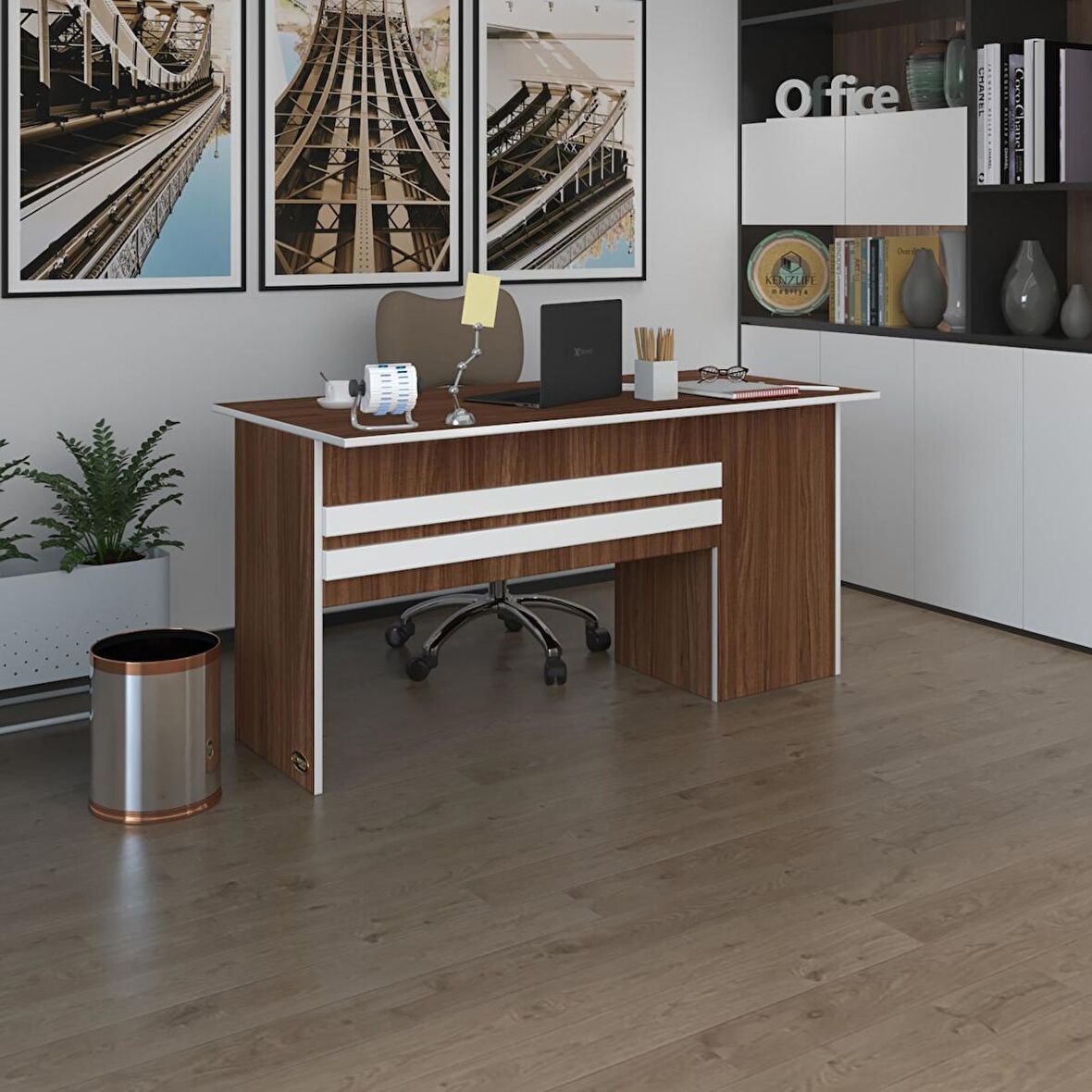 Kenzlife ofis masası kamikaze cvz sol 75*140*60 raflı dolap şeritli bilgisayar çalışma masası