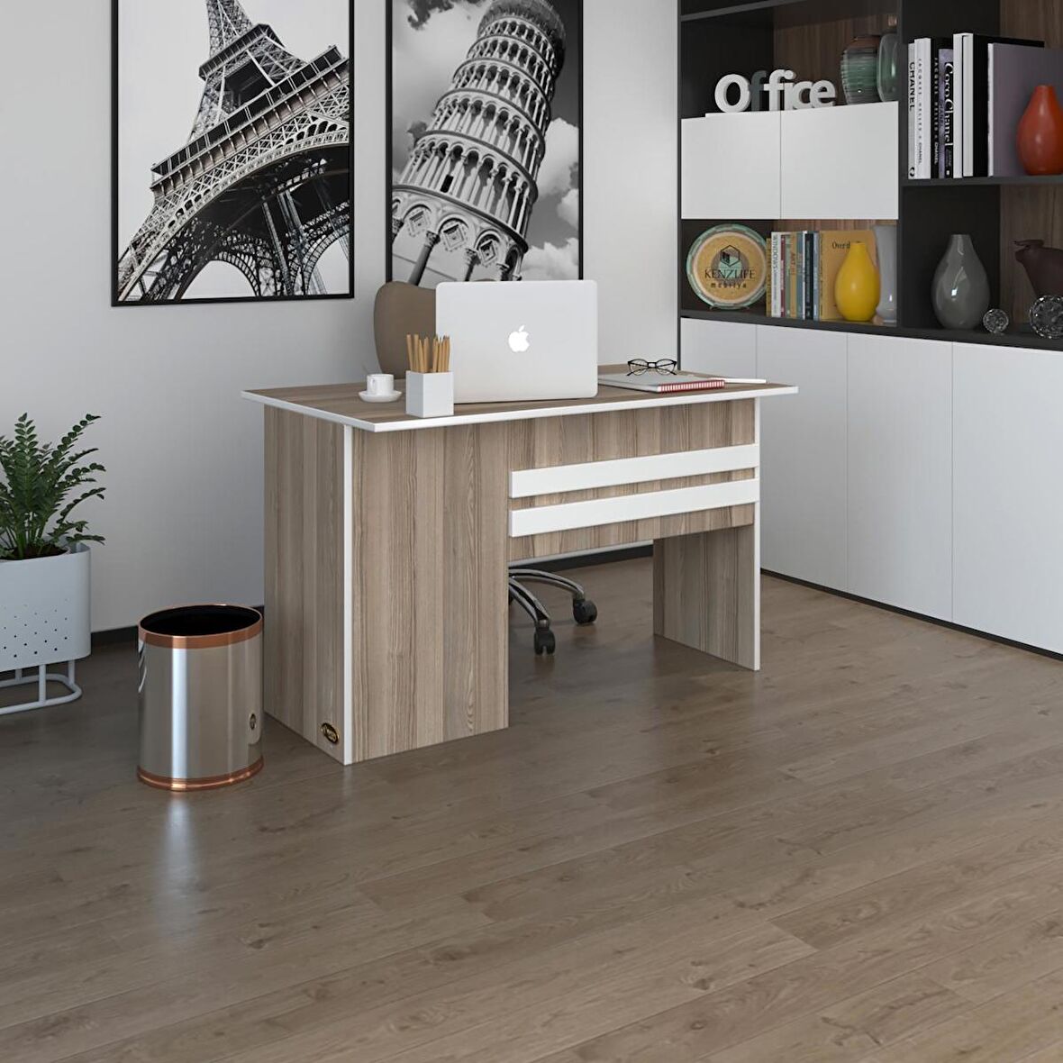 Kenzlife ofis masası kamikaze crd sağ 75*150*60 raflı dolap şeritli bilgisayar çalışma masası