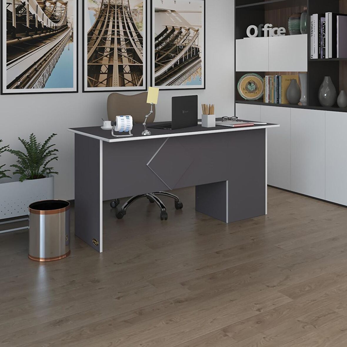 Kenzlife ofis masası yoko ono gri sol 75*110*60 raflı dolap eşkenar bilgisayar çalışma masası