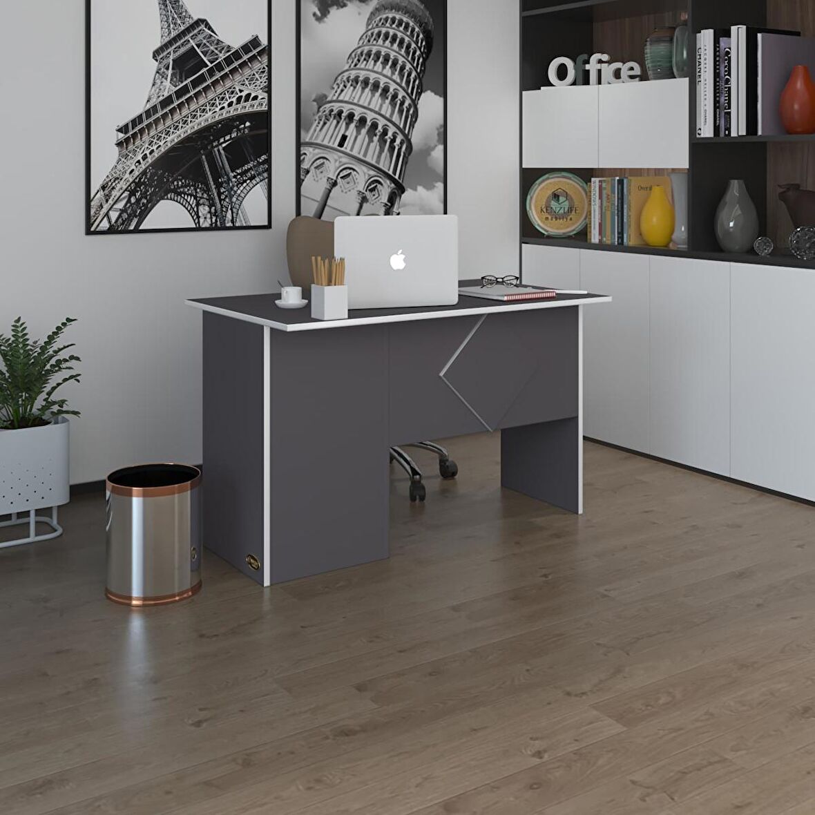 Kenzlife ofis masası yoko ono gri sağ 75*130*60 raflı dolap eşkenar bilgisayar çalışma masası