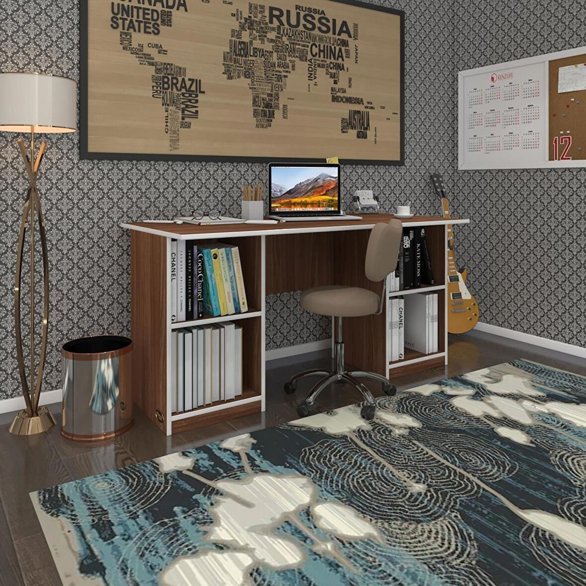 Kenzlife ofis masası masi oka cvz 75*170*60 raflı dolap çiftli bilgisayar çalışma masası