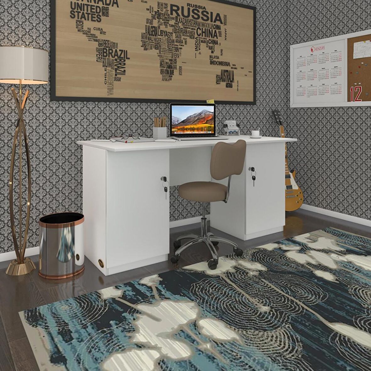 Kenzlife ofis masası masi oka byz 75*150*60 kilitli kapaklı dolap çiftli bilgisayar çalışma masası