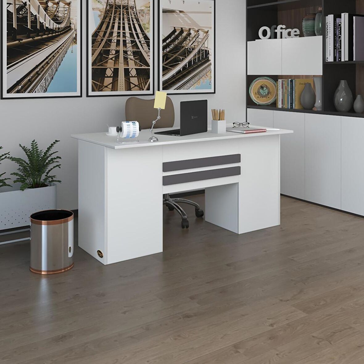 Kenzlife ofis masası pat morita byz 75*150*80 kilitli kapaklı dolap çiftli şeritli bilgisayar çalışma masası