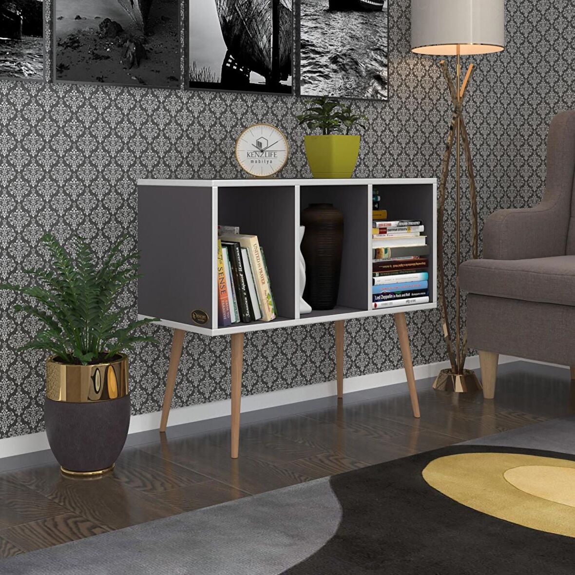 Kenzlife komodin adberilgen gri 74*90*39 ahşap ayaklı komidin kitaplık