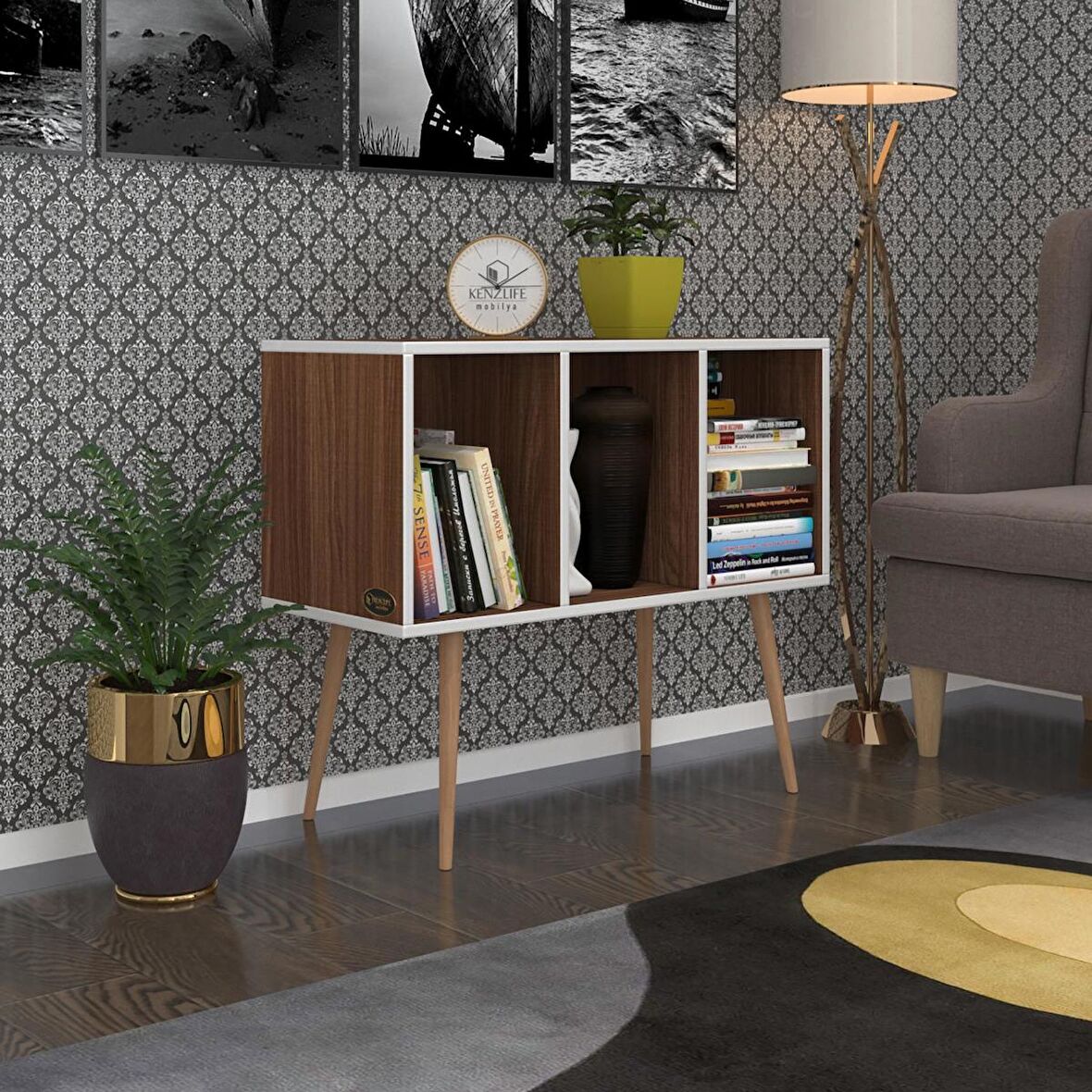 Kenzlife komodin adberilgen cvz 74*90*39 ahşap ayaklı komidin kitaplık