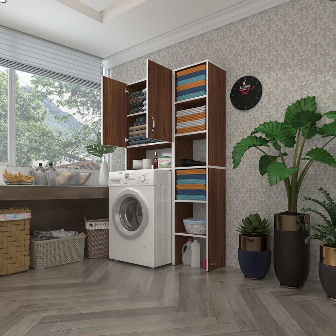Kenzlife çamaşır makinesi dolabı sinemmaks cvz 180*096*30 banyo kapaklı arkalıklı raflı