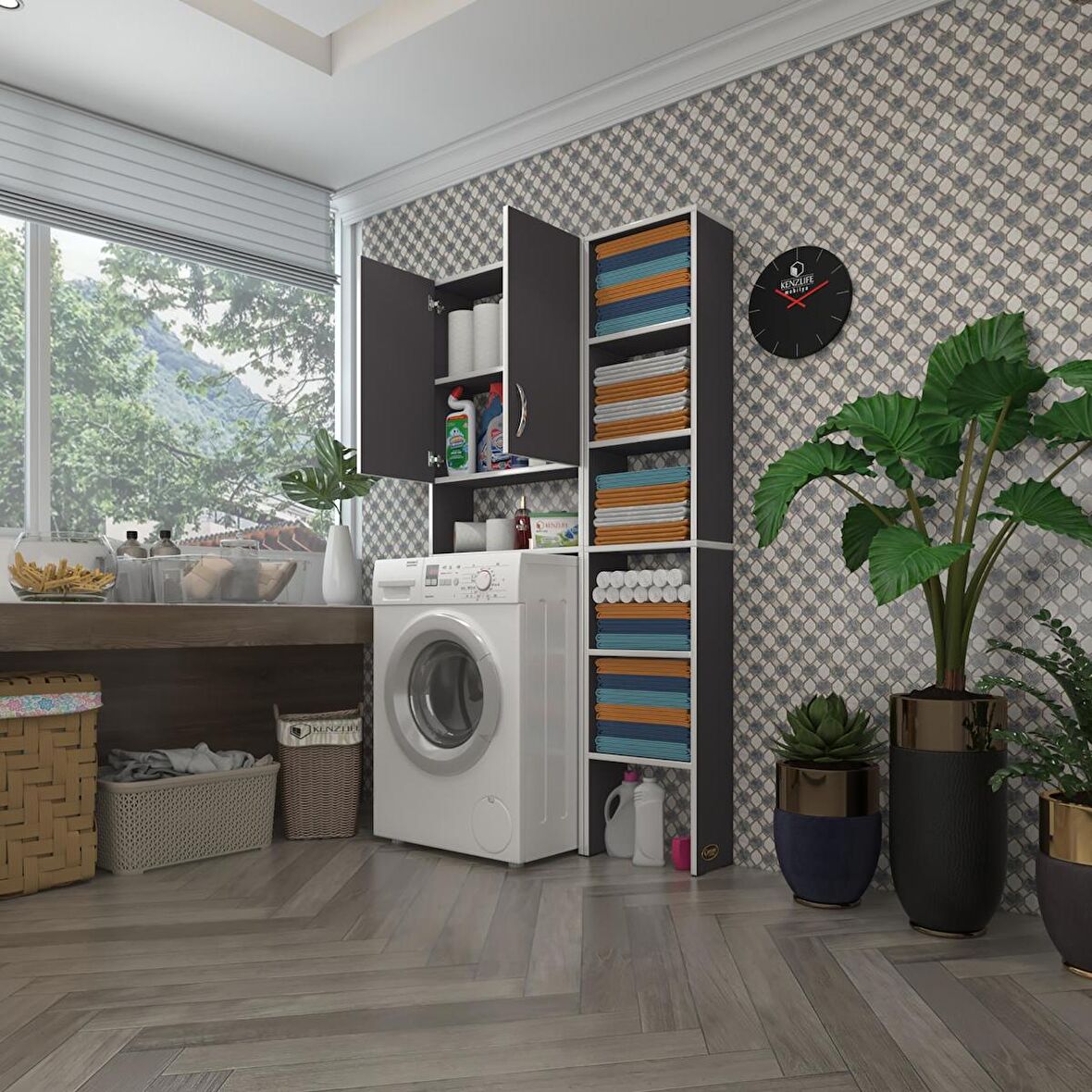Kenzlife çamaşır makinesi dolabı veronikamaks gri 180*096*20 banyo kapaklı arkalıksız raflı