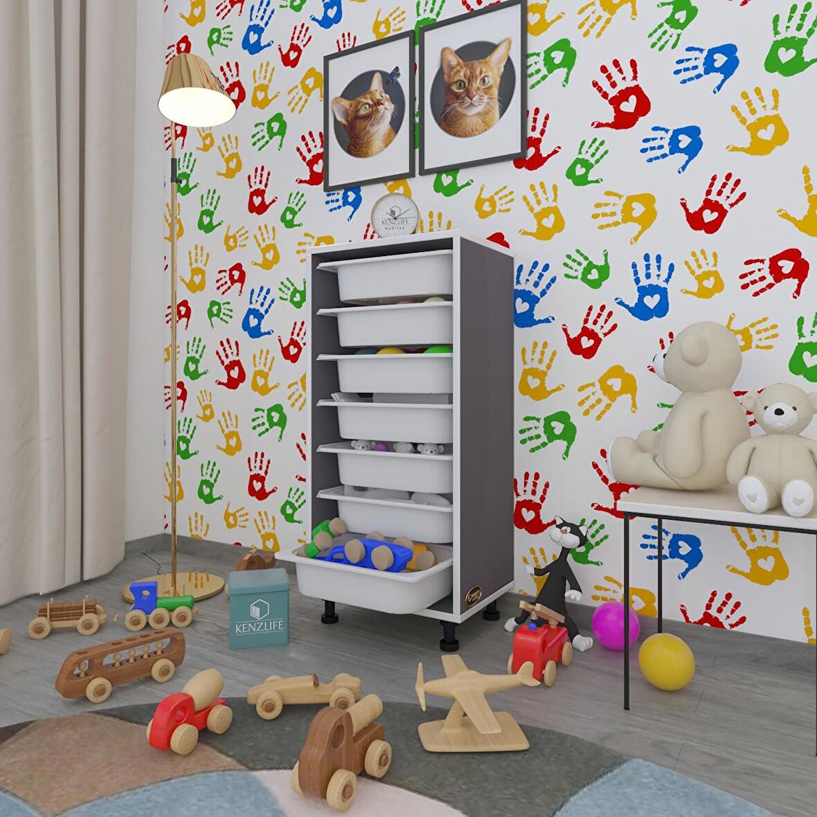 Kenzlife sepetli mutfak dolabı ruberu gri 098x45x30 banyo oyuncak çamaşır beyaz 7 li sepet