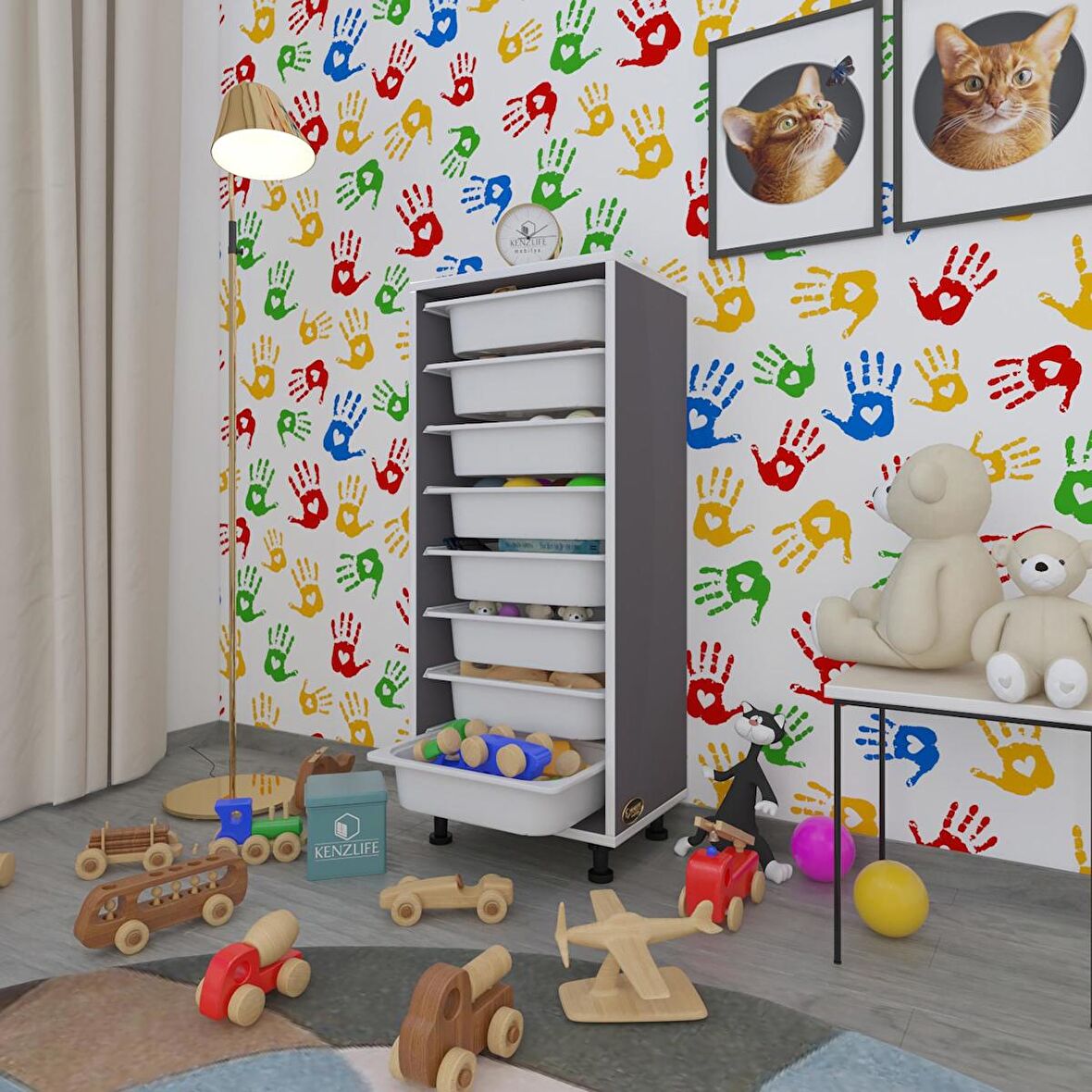 Kenzlife sepetli mutfak dolabı ruberu gri 110x45x30 banyo oyuncak çamaşır beyaz 8 li sepet