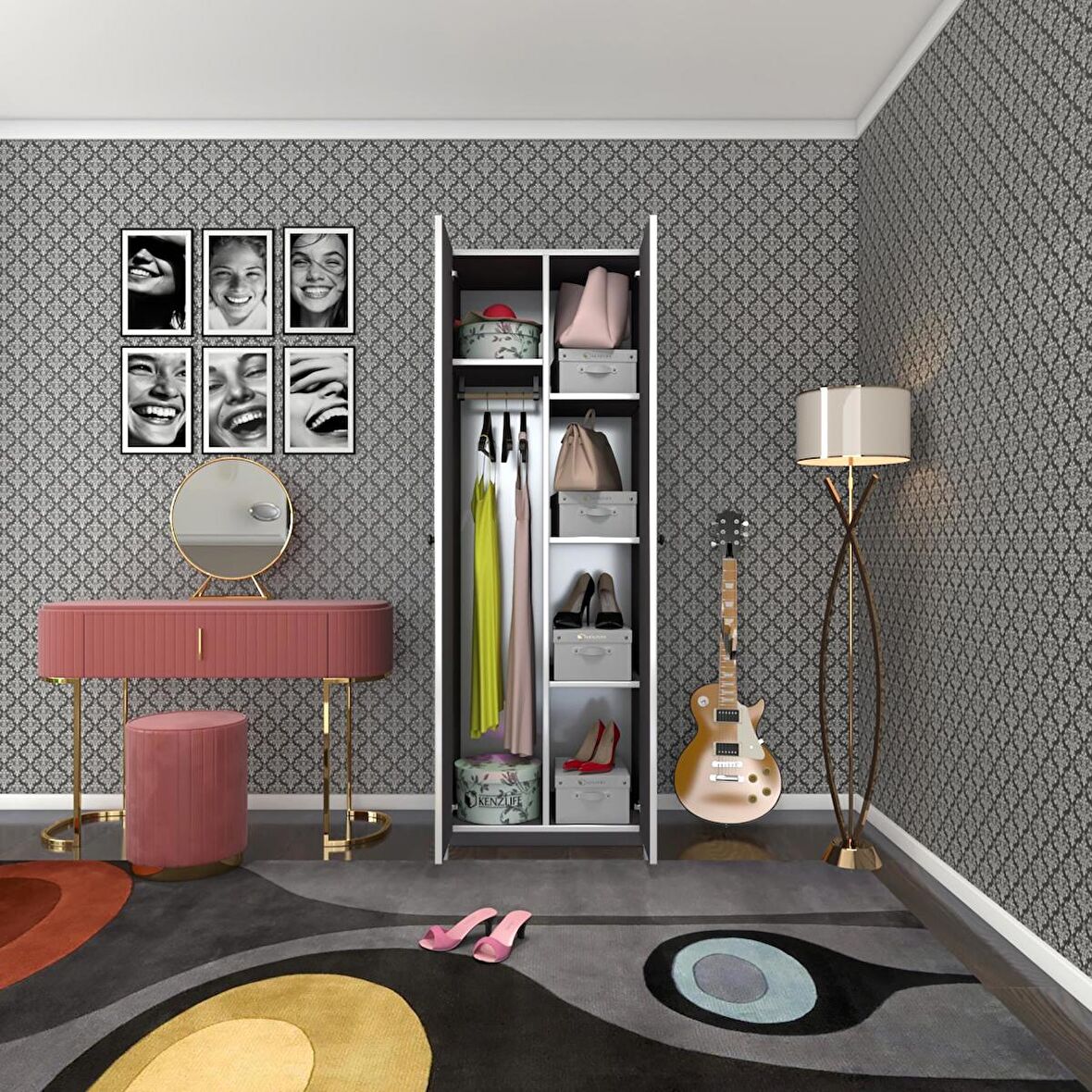 Kenzlife gardırop 2 kapılı kapaklı leylak gri 173*60*42 gardolap dolap ofis