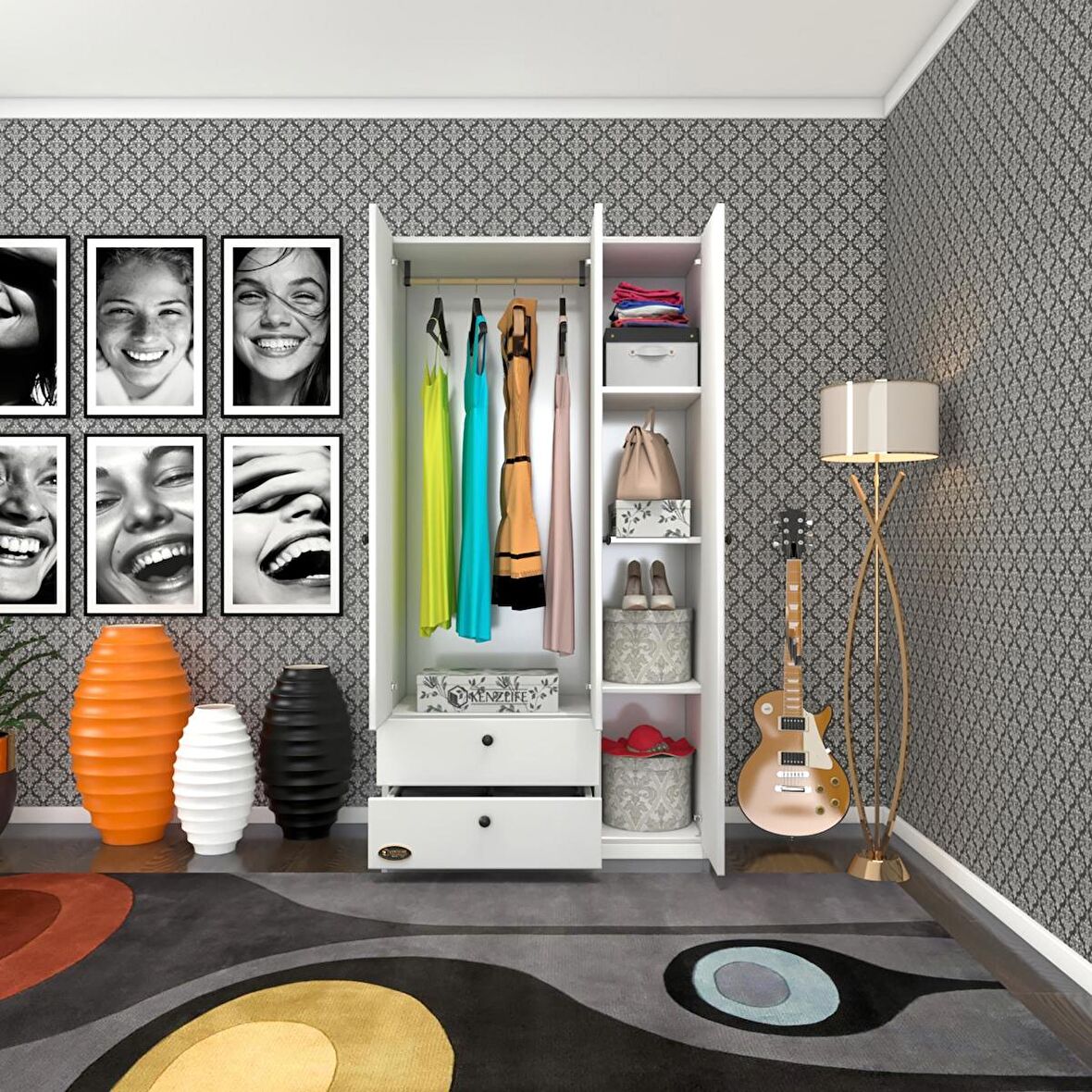 Kenzlife gardırop 3 kapılı kapaklı 2 çekmeceli manolya byz 173*90*42 gardolap dolap ofis