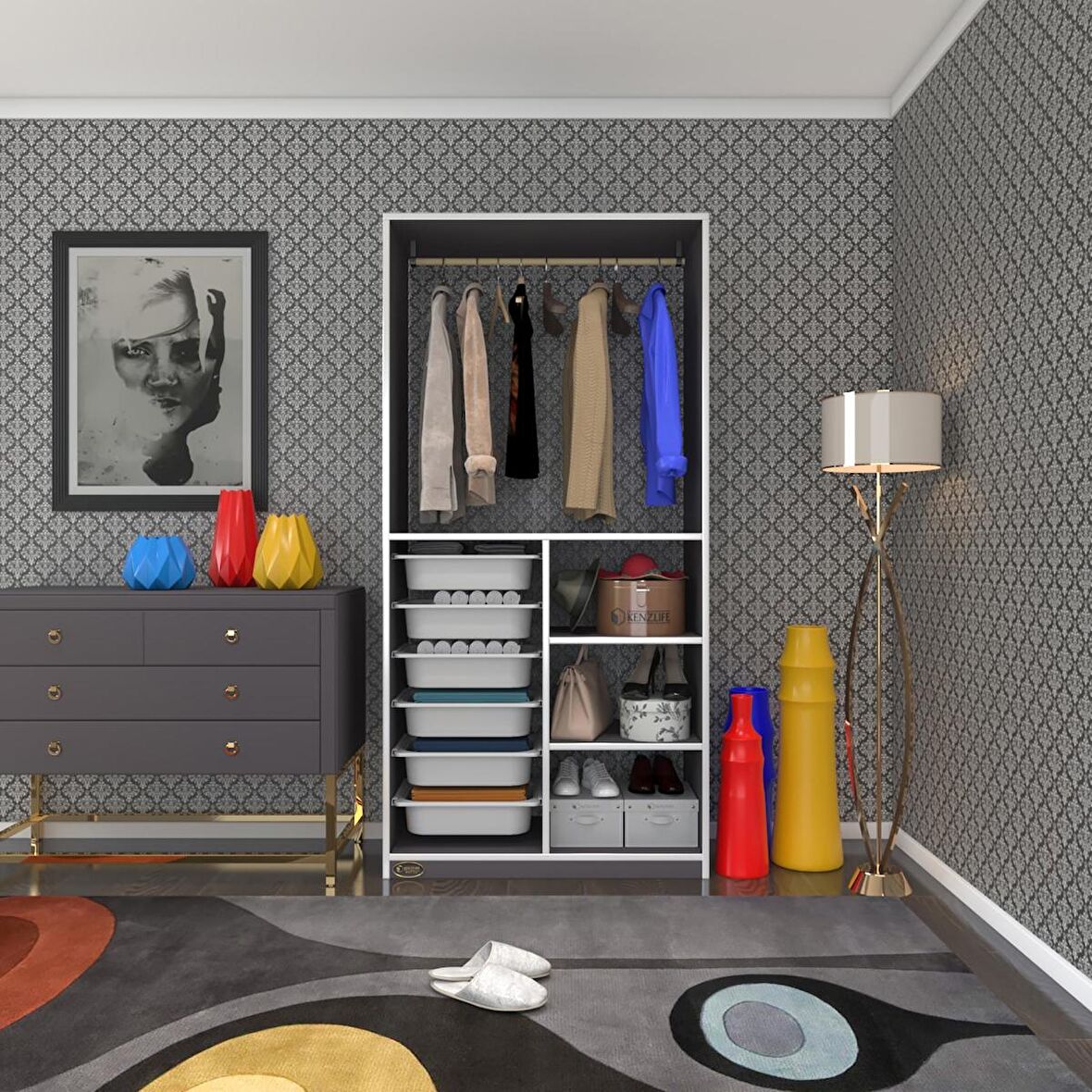 Kenzlife giysi dolabı yalın gri 180*090*30 kapaksız arkalıksız 6 sepetli
