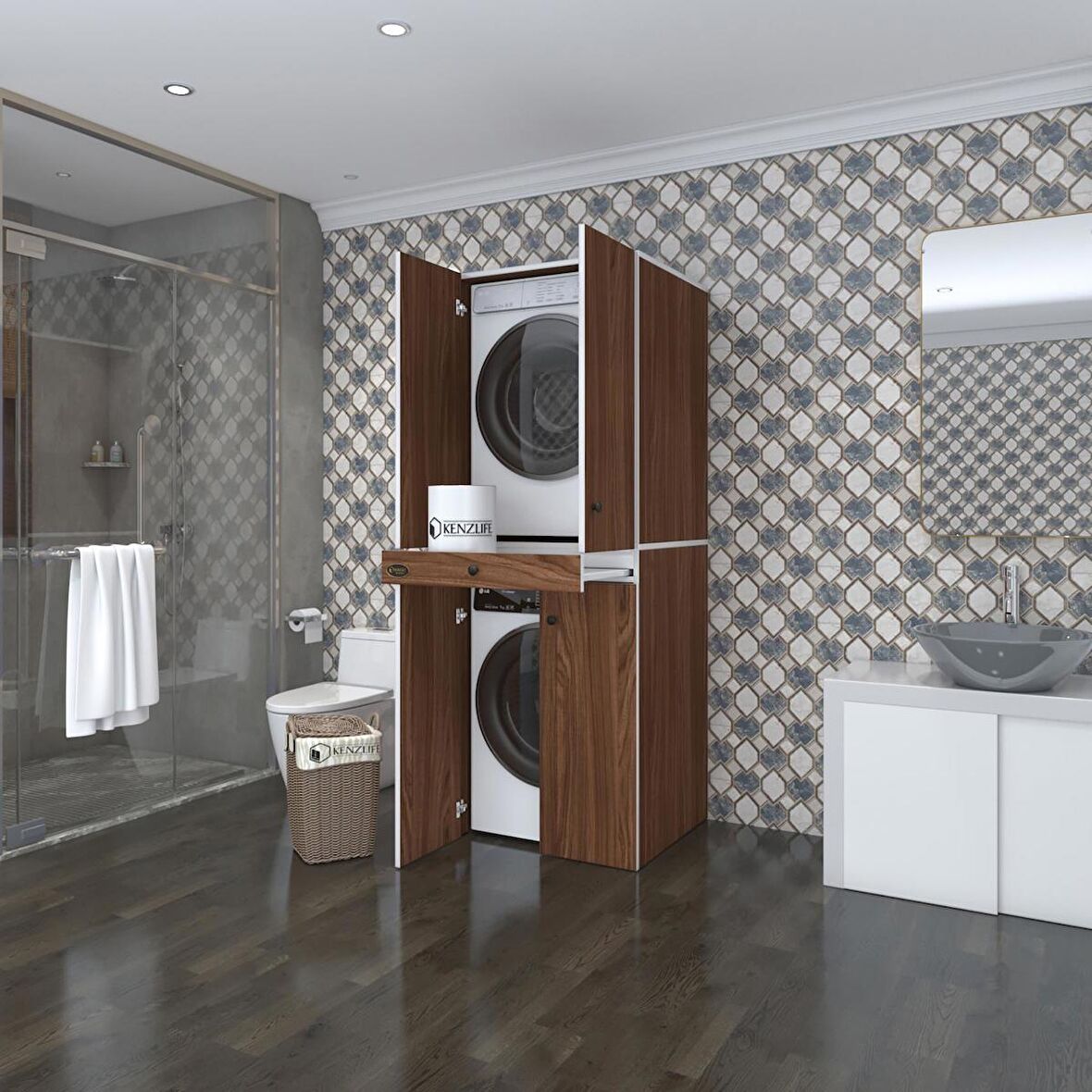 Kenzlife çamaşır-kurutma makinesi dolabı el kindi cvz 187*070*60 çekmeceli kapaklı banyo