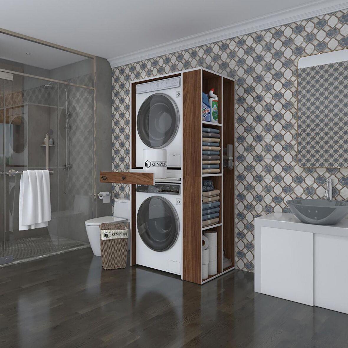 Kenzlife çamaşır-kurutma makinesi dolabı bacce sağ cvz 187*090*60 çekmeceli banyo