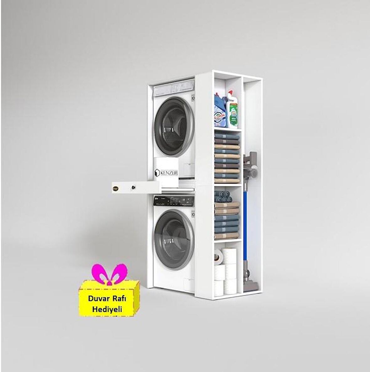 Kenzlife çamaşır-kurutma makinesi dolabı bacce sağ byz 187*090*60 çekmeceli + tekli duvar rafı hediye