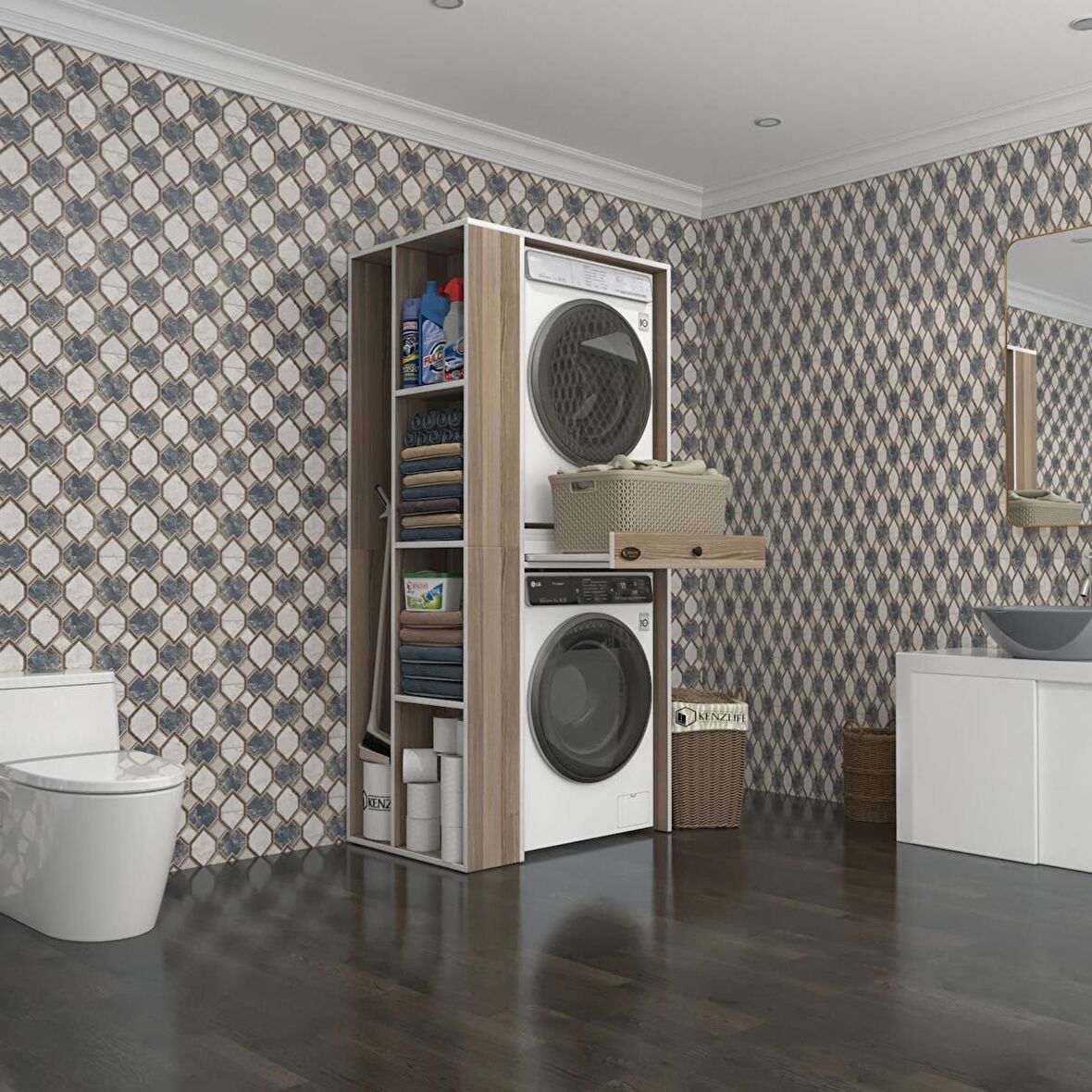 Kenzlife çamaşır-kurutma makinesi dolabı bacce sol crd 187*090*60 çekmeceli banyo