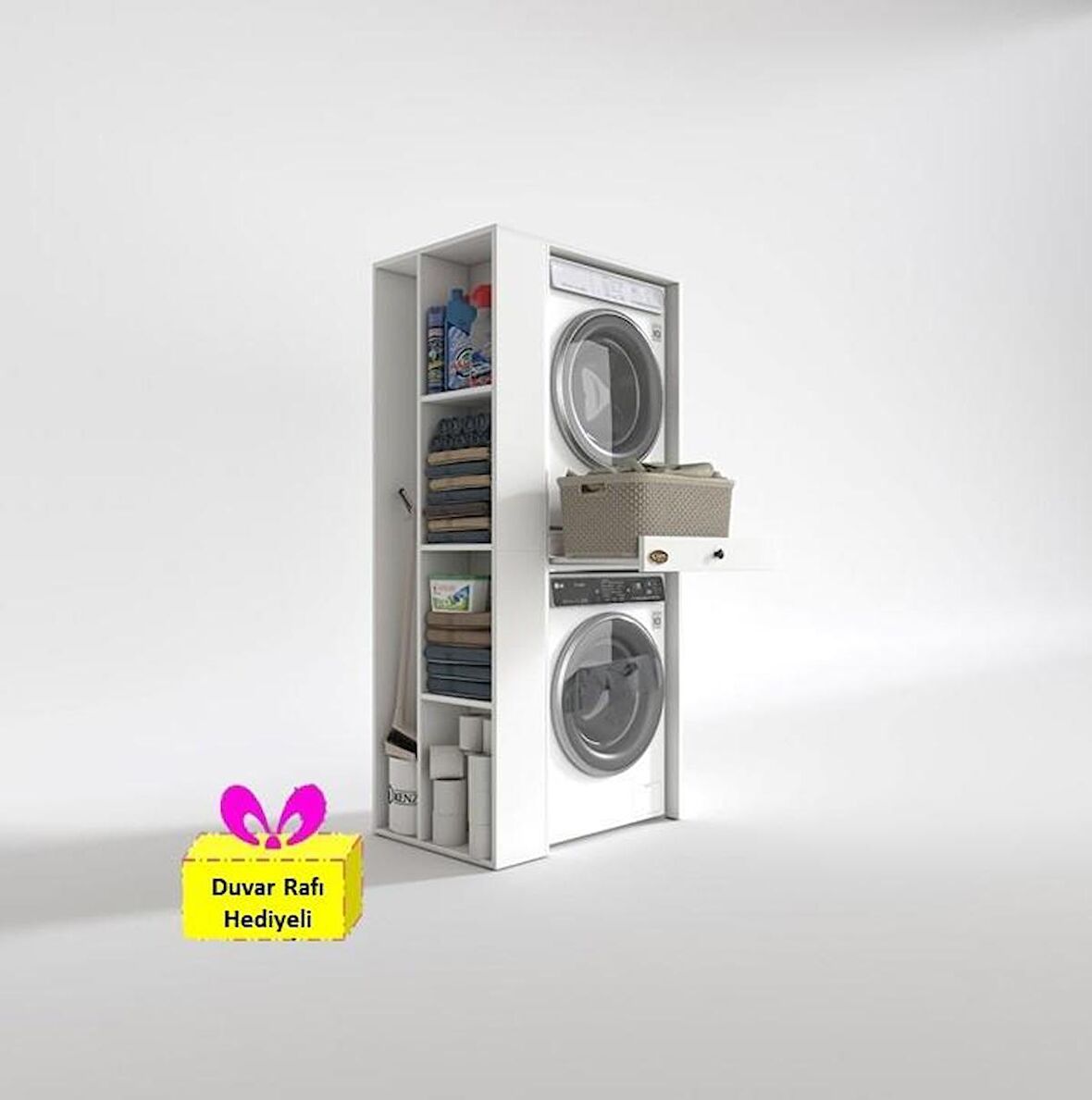 Kenzlife çamaşır-kurutma makinesi dolabı bacce sol byz 187*090*60 çekmeceli + tekli duvar rafı hediye