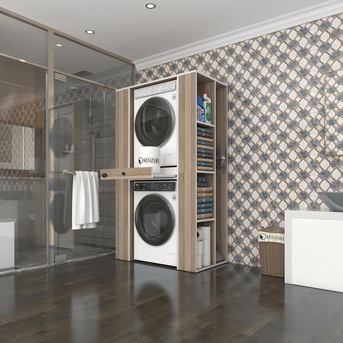 Kenzlife çamaşır-kurutma makinesi dolabı umare crd 187*110*60 çekmeceli raflı banyo