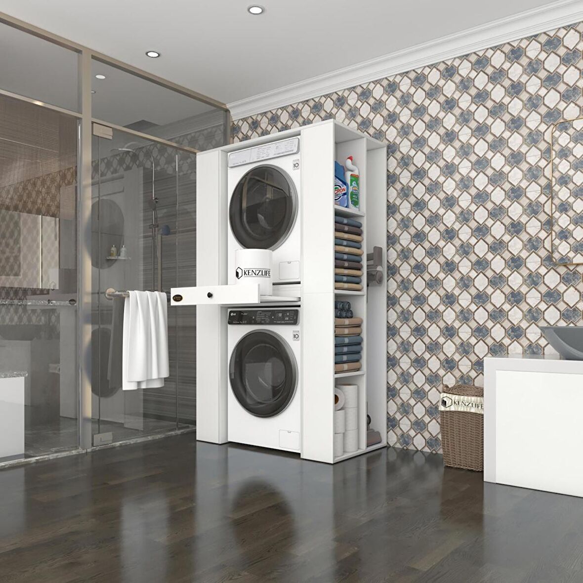 Kenzlife çamaşır-kurutma makinesi dolabı umare byz 187*110*60 çekmeceli raflı % 100 FULL MDF