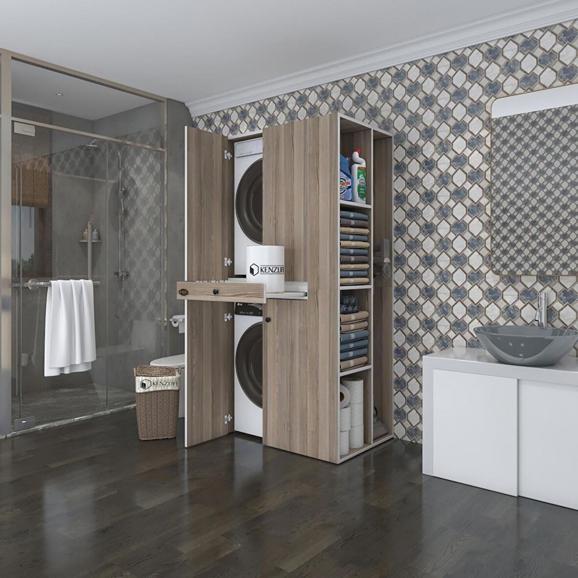 Kenzlife çamaşır-kurutma makinesi dolabı ahi evran sağ crd 187*090*60 çekmeceli banyo